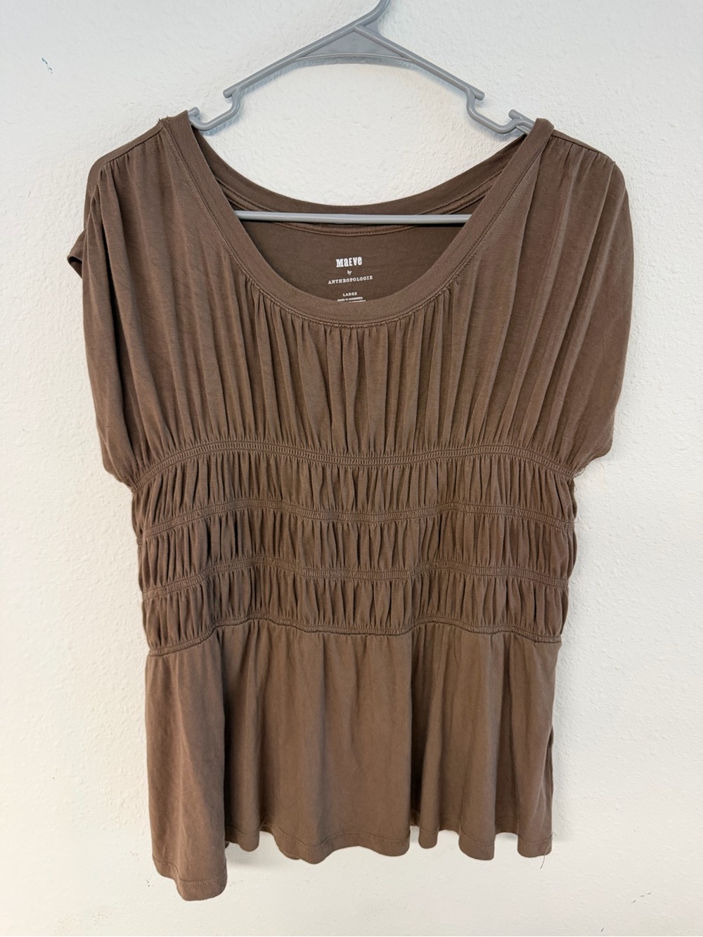 Anthropologie Brown Short Sleeve Smocked Waist Top